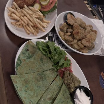 Lucky's Taproom & Eatery - vegan Quesadilla with soyrizo and vegan fried chicken sandwich! and Fried Pickles that are also vegan - Burgers Near Me - Dayton, Ohio