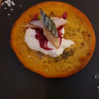 La Ciambella - Chickpea pancake w stracciatellia, red onion and steamed mackerel - Roman Near Me - Rome, RM La Ciambella - Chickpea pancake w stracciatellia, red onion and steamed mackerel - Roman Near Me - Rome, RM