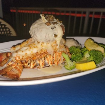 Bayside Grille & Sunset Bar - Lobster with crab cake and mashed potatoes  Lobster Tail Keyribbean Style - Seafood Near Me - Key Largo, Florida