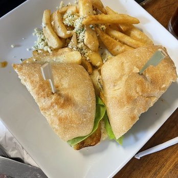 Seabrisa's Eatery - Blackened chicken sandwich and Parmesan garlic fries. - Seafood Near Me - Hollister, California Seabrisa's Eatery - Blackened chicken sandwich and Parmesan garlic fries. - Seafood Near Me - Hollister, California