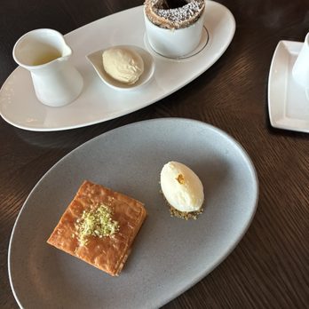 Salt - Dark Chocolate Soufflé, Lavender Anglaise, Burnt Honey Ice Cream and Baklava with Pistachio and Goat Cheese Crémeux, Cream Fraiche Ice Cream - New American Near Me - Amelia Island, Florida