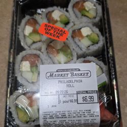 Market Basket - Philadelphia roll. Good but Philadelphia rolls aren't supposed to have avocado and it definitely makes this one not as good as it could be.