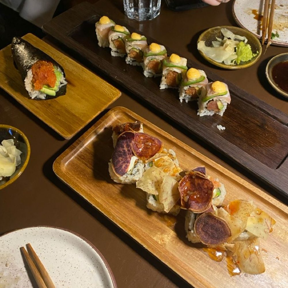 Azuki Sushi - Bonsai roll, by the border roll, and spicy tuna handroll - Sushi Bars Near Me - San Diego, California Azuki Sushi - Bonsai roll, by the border roll, and spicy tuna handroll - Sushi Bars Near Me - San Diego, California