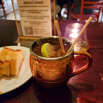 Firefly Tapas Kitchen + Bar - Rose 'Ginger Beer' Mule and bread with almond butter - Tapas/Small Plates Near Me - Las Vegas, Nevada Firefly Tapas Kitchen + Bar - Rose 'Ginger Beer' Mule and bread with almond butter - Tapas/Small Plates Near Me - Las Vegas, Nevada