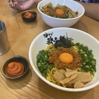 Kajiken - Homura Aburasoba (front) and Nikumori Aburasoba (back) with side of mentaiko - Ramen Near Me - Fullerton, California