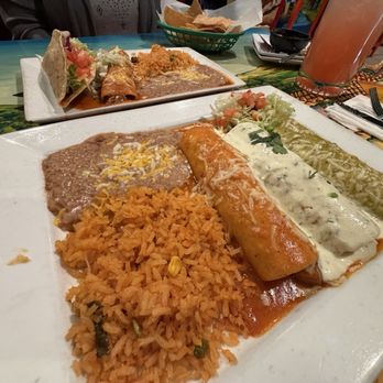 Anaya's Fresh Mexican Restaurant - Mexican Flag Enchiladas: Chicken with red sauce, chicken with white sauce & shredded beef with green sauce enchiladas, rice and beans - Mexican Near Me - Glendale, Arizona