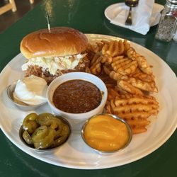 Gilligans Bar & Grill - HOG WILD SMOKY BBQ PULLED PORK with the sides of chili, cheese sauce and jalapeños