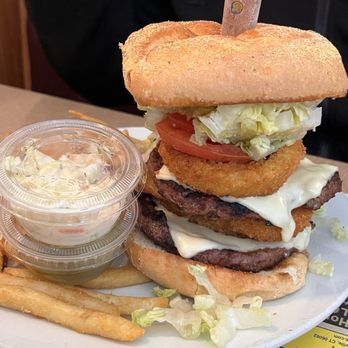 The Crazy Pancake - Big ole burger with huge onion rings! - Pancakes Near Me - Plainville, Connecticut