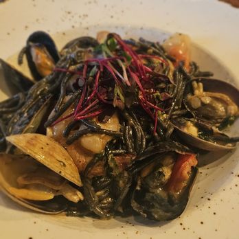 Pranzi - Squid ink pasta with scallops, mussels and clam - Italian Near Me - San Carlos, California Pranzi - Squid ink pasta with scallops, mussels and clam - Italian Near Me - San Carlos, California