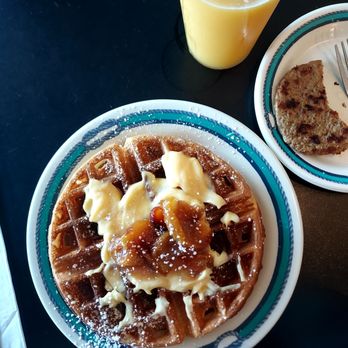 Eggs & Moore - Glazed peach waffle with turkey sausage and OJ - Breakfast & Brunch Near Me - Pittsburgh, Pennsylvania Eggs & Moore - Glazed peach waffle with turkey sausage and OJ - Breakfast & Brunch Near Me - Pittsburgh, Pennsylvania