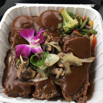 Guieb Cafe - Meatloaf with gravy all over, mash potatoes and sautéed veggies - New American Near Me - Honolulu, Hawaii