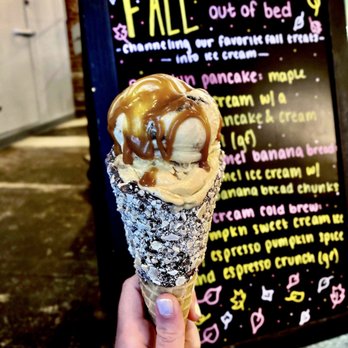 Owowcow Creamery - Sweet Potato Surprise & Salted Caramel Banana Bread topped with new homemade butterscotch sauce - Ice Cream & Frozen Yogurt Near Me - Easton, Pennsylvania