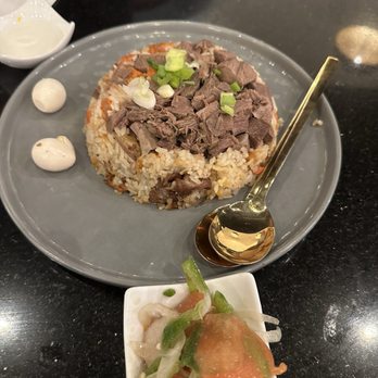Kusan Bazaar | Silk Road Grill & Noodles 龟兹集市 - Pilaf with Salad served with Unsweetened Yogurt & Uyghur Salads Dressing - Halal Near Me - Milpitas, California