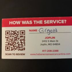 Habaneros - Our waiter gave us this card with his name on it so that we could do a review with the restaurant. He certainly deserves it.