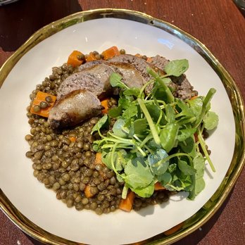Café Le Jardin - Wild boar sausage, Du Puy lentils and carrots, greens. - French Near Me - Audubon, New Jersey Café Le Jardin - Wild boar sausage, Du Puy lentils and carrots, greens. - French Near Me - Audubon, New Jersey