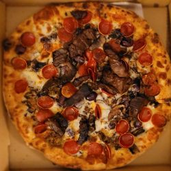 Coalhouse Pizza - Custom Pizza.  Pepperoni, Steak, Sausage, Kalamata Olives, and Wild Mushrooms.