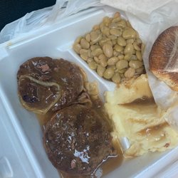 Kc's Market & Deli - Hamburger steak with gravy and mashed potatoes with Lima beans.