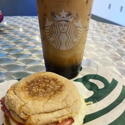 Iced brown sugar oat-milk shaken espresso & turkey bacon, cheese, and egg sandwich Iced brown sugar oat-milk shaken espresso & turkey bacon, cheese, and egg sandwich