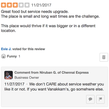 Chennai Express - This owner just proved my point about bad customer service. - Indian Near Me - Chantilly, Virginia
