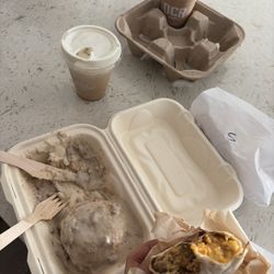 Biscuits & Gravy Fiesta Breakfast Burrito Salted Caramel Cold Brew Vanilla Bean Latte