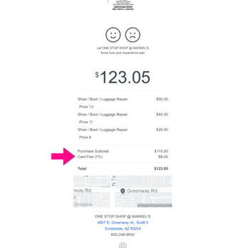 One Stop Shop @ Markel's - I was shocked to discover a 7% cc surcharge listed on my e-receipt in my inbox when I returned home! - Shoe Repair Near Me - Scottsdale, Arizona One Stop Shop @ Markel's - I was shocked to discover a 7% cc surcharge listed on my e-receipt in my inbox when I returned home! - Shoe Repair Near Me - Scottsdale, Arizona