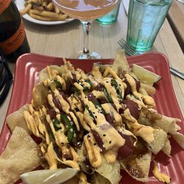 Poke nachos and Pog drink.