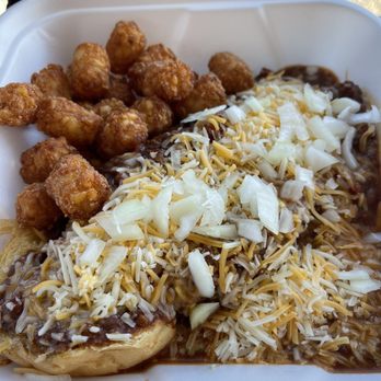 Barbi's Place - Chili size with tots. Very good! - Tacos Near Me - Quartzsite, Arizona