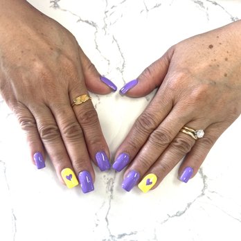 Merry Nails & Spa - Cute spring nail color , expressing my love for BTS I purple you and my bias Jimin ( yellow) - Nail Salons Near Me - Tracy, California