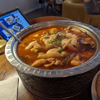 Hengry - Miao Sour Soup with Fish Fillets. iPad menu in the background. - Chinese Near Me - Alhambra, California Hengry - Miao Sour Soup with Fish Fillets. iPad menu in the background. - Chinese Near Me - Alhambra, California