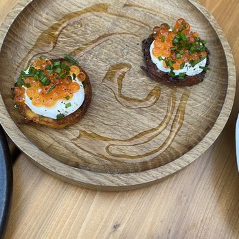 SARA - Squash Latkess Salmon Roe, Chive Cream, Maple Kombu - Canadian (New) Near Me - Toronto, Ontario SARA - Squash Latkess Salmon Roe, Chive Cream, Maple Kombu - Canadian (New) Near Me - Toronto, Ontario