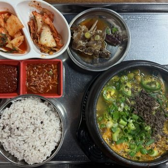 Ajumma Kimbob Deli - Spicy soondae soup with side dishes - Korean Near Me - Carrollton, Texas