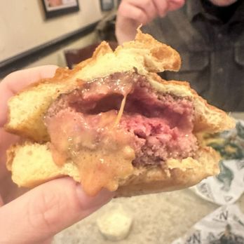The Nook - The inside of my juicy Lucy..... couldn't not eat it! Way too raw! - Fish & Chips Near Me - Saint Paul, Minnesota