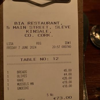 Bia Kinsale - Bill - Restaurants Near Me - Kinsale, Colorado
