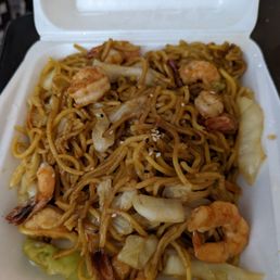 Disgusting shrimp yakisoba on 11/23/21. The noodles are a solid gelatinous sugar bomb with overcooked shrimp. See second pic of same item.