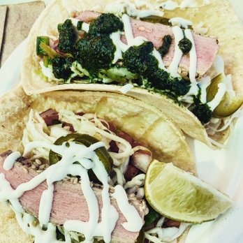 Taco Vista - fish taco (the back one with the dark green is my own mint chutney, front is the plain fish taco) - Mexican Near Me - New York, New York