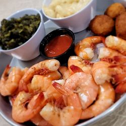 Mr Whiskers Family Catfish Restaurant - Large Boiled Shrimp plate w turnip greens and mac & cheese.