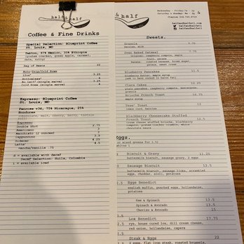 Half & Half - breakfast menu w drinks - Breakfast & Brunch Near Me - St. Louis, Missouri