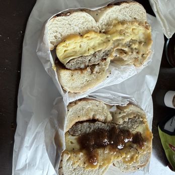 Maxfield's House of Caffeine - Breakfast bagel with egg, sálgase and cheese (and I added hot suace) - Coffee & Tea Near Me - San Francisco, California