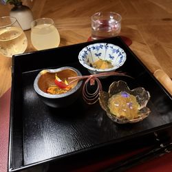 Nodoguro - Japan Arc: Ezo awabi and winter melon, Anago nikogori, Konbu and tomato salad and octopus