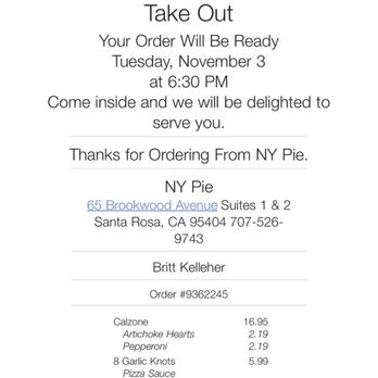 NY Pie - Here is the confirmation of our order. - Pizza Near Me - Santa Rosa, California NY Pie - Here is the confirmation of our order. - Pizza Near Me - Santa Rosa, California