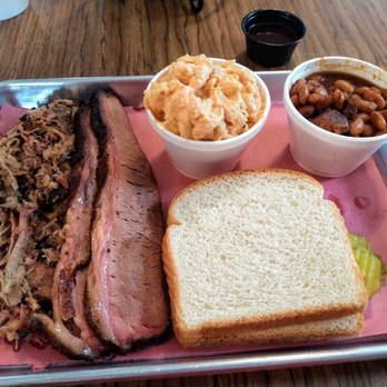 Butcher Paper BBQ - Two meat plate with two sides brisket pulled pork macaroni and cheese and barbecued beans. - Barbeque Near Me - Opelika, Alabama