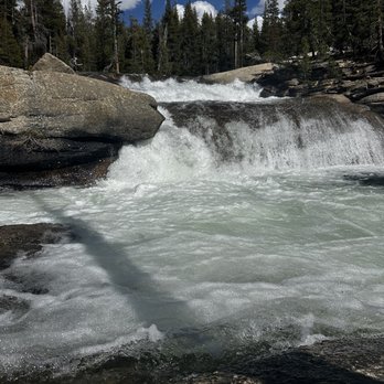 Tuolumne Meadows Lodge - Miller Cascade in our "backyard".  We could see this falls from our tent through the trees. - Campgrounds Near Me - Tuolumne Meadows, California