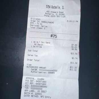 Hardee's - a receipt for a restaurant - A printed receipt from Hardee's in Rochelle, Illinois, showing order details, items purchased, total cost, and payment method. - Fast Food Near Me - Rochelle, Illinois