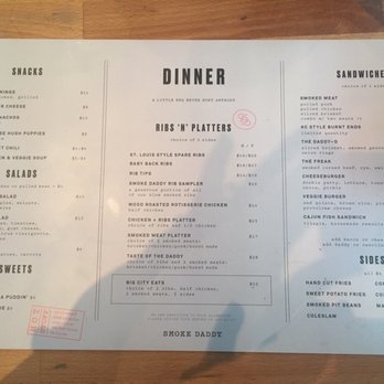 Smoke Daddy - Dinner Menu as of 06/16/19 - Barbeque Near Me - Chicago, Illinois Smoke Daddy - Dinner Menu as of 06/16/19 - Barbeque Near Me - Chicago, Illinois