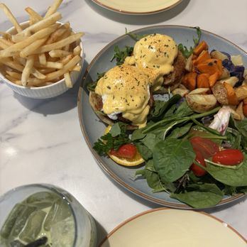 Toast In Town - Side of fries and crab cake benedict - Salad Near Me - Foster City, California Toast In Town - Side of fries and crab cake benedict - Salad Near Me - Foster City, California