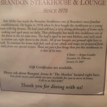Brandon Steakhouse & Lounge - History of restaurant in back of menu. - Salad Near Me - Brandon, South Dakota Brandon Steakhouse & Lounge - History of restaurant in back of menu. - Salad Near Me - Brandon, South Dakota