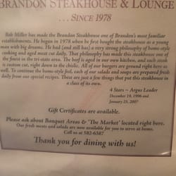 Brandon Steakhouse & Lounge - History of restaurant in back of menu.