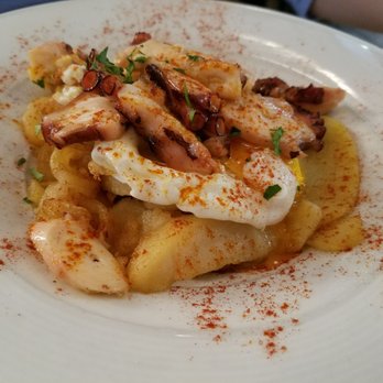 Public - fired egg with octopus and potatoes - Modern European Near Me - Madrid, M Public - fired egg with octopus and potatoes - Modern European Near Me - Madrid, M