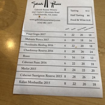 Gabriele Rausse Winery - Updated tasting menu (5/18/18) with the added Hundszahn Riesling. Pinot Noir is not on the tasting menu but still available for purchase. - Wineries Near Me - Charlottesville, Virginia Gabriele Rausse Winery - Updated tasting menu (5/18/18) with the added Hundszahn Riesling. Pinot Noir is not on the tasting menu but still available for purchase. - Wineries Near Me - Charlottesville, Virginia