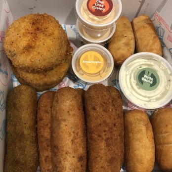 Dos Croquetas - Ham, Mexican street corn and bacon cheddar burger croquetas with some mini tequeños (and sauces). - Bakeries Near Me - Miami, Florida Dos Croquetas - Ham, Mexican street corn and bacon cheddar burger croquetas with some mini tequeños (and sauces). - Bakeries Near Me - Miami, Florida
